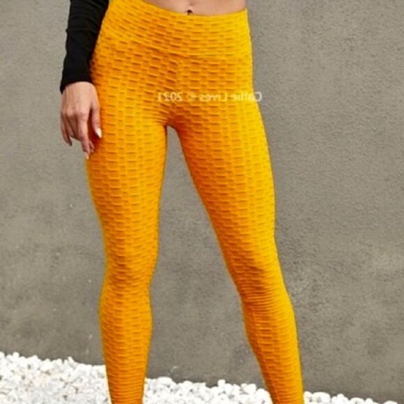 New Mix Brazillian Leggings Women's 2XL Mustard Yellow Textured Workout Soft New - Picture 2 of 13